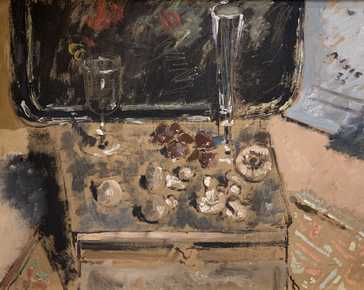 De Pisis Filippo - Still life with mushrooms, chestnuts and glasses